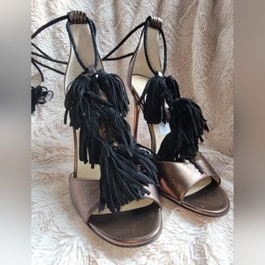 Jimmy Choo 37.5 bronze and black tassel heels